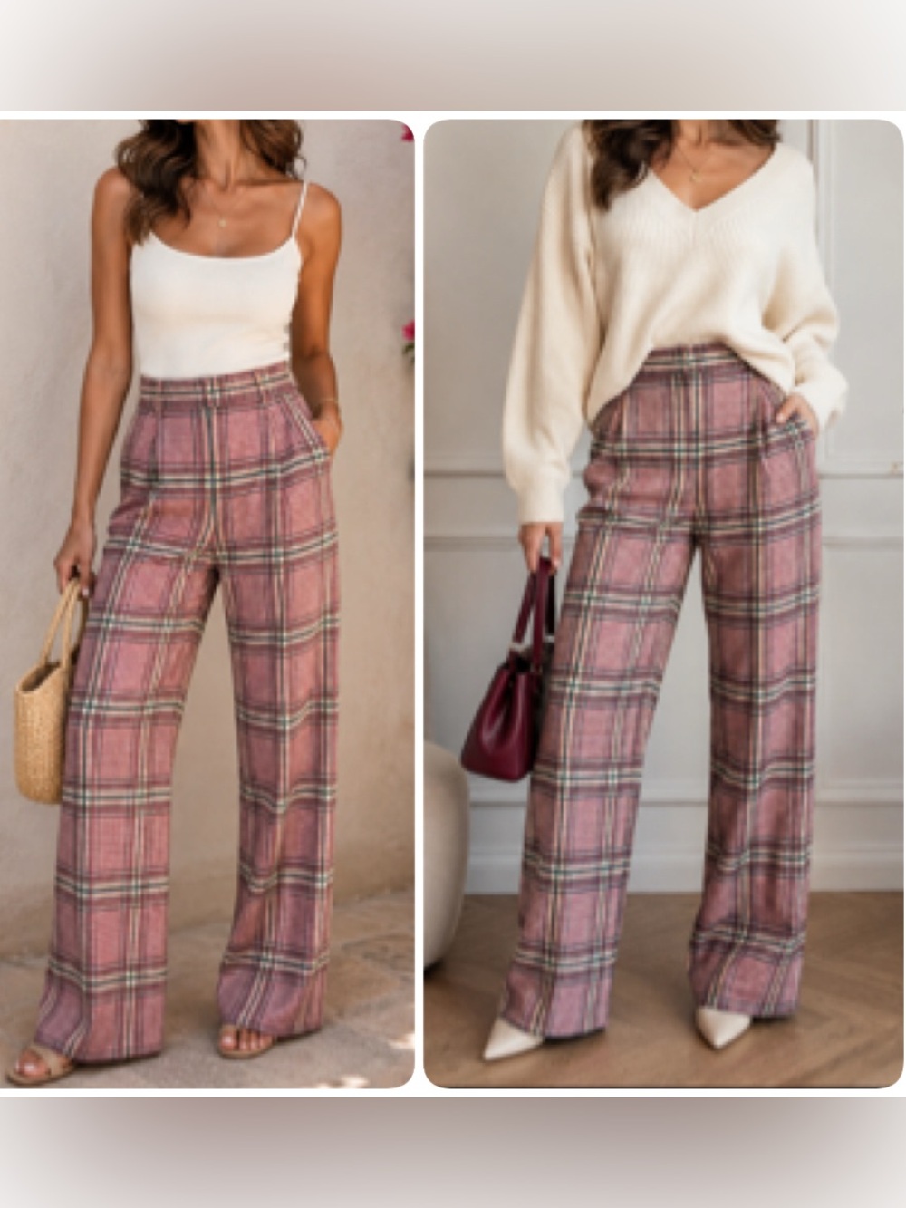 True‎ Vintage High-Waist Preppy Pink Plaid Wide-Leg Pants